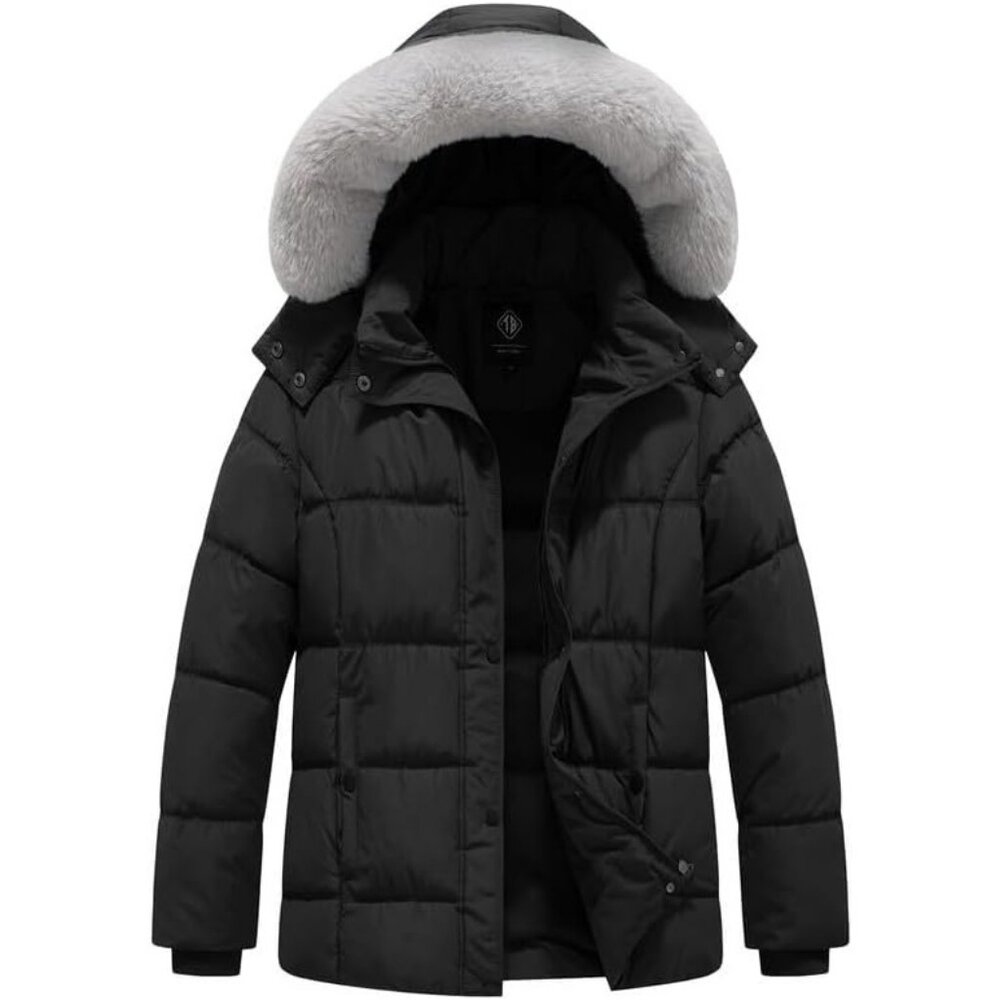 Women's Removable Hooded Warm Quilted Puffer Fur Jacket Coat Black Winter Warm